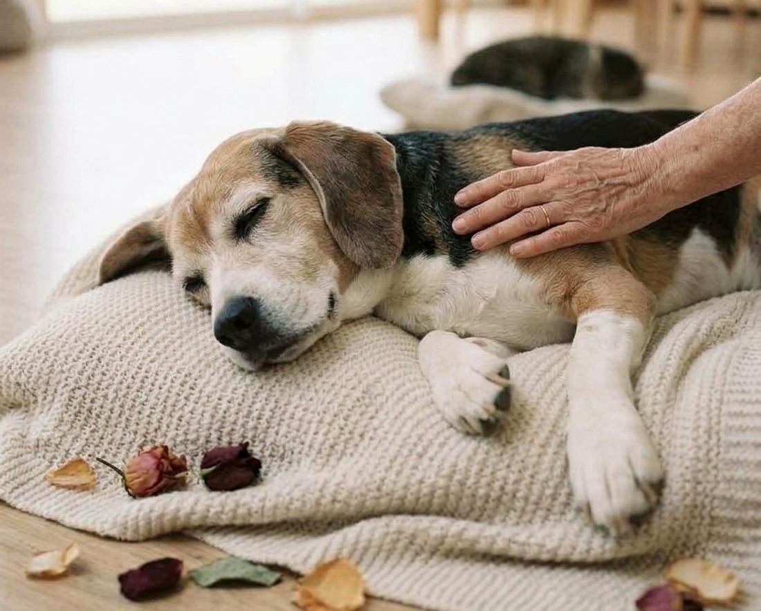 Un vieux chien endormi sur son coussin, une main posée sur lui